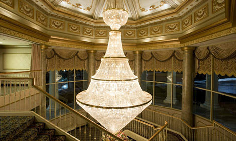 Balcony at Martin's West with chandeliers